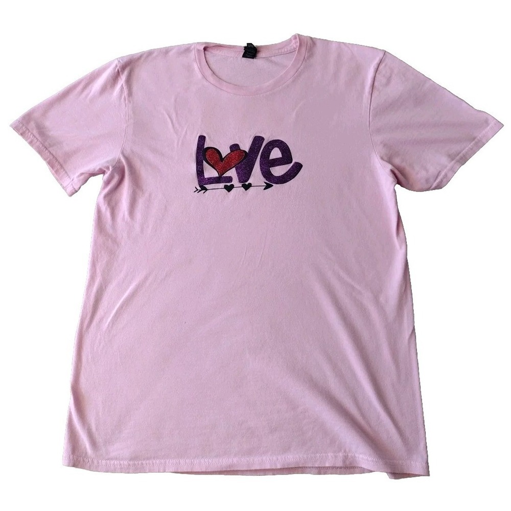 Anvil T Shirt Woman Medium‎ Pink "Love" Glitter Graphic Short Sleeves Valentines
